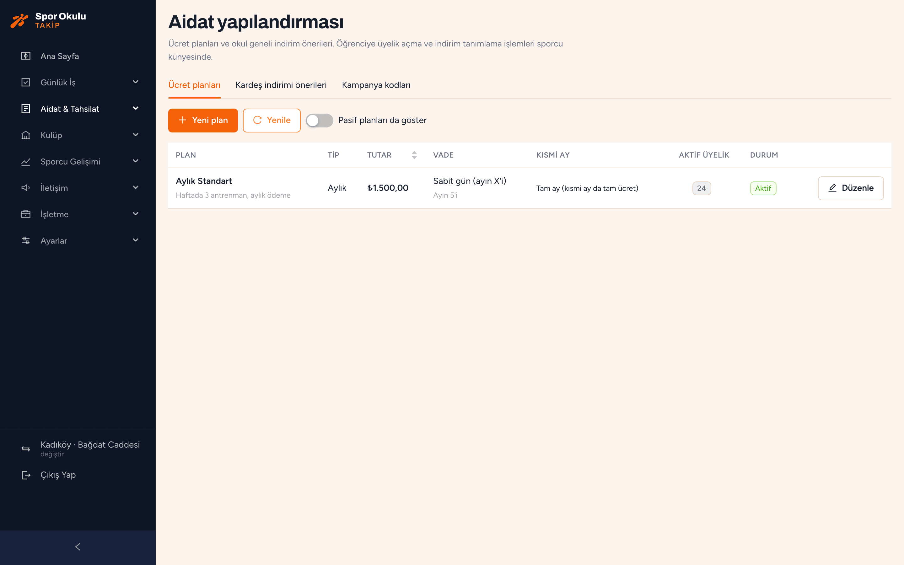 Aidat planları ekranı: aylık, dönemlik ve tek seferlik planlar, vade günü ve kıst politikası
