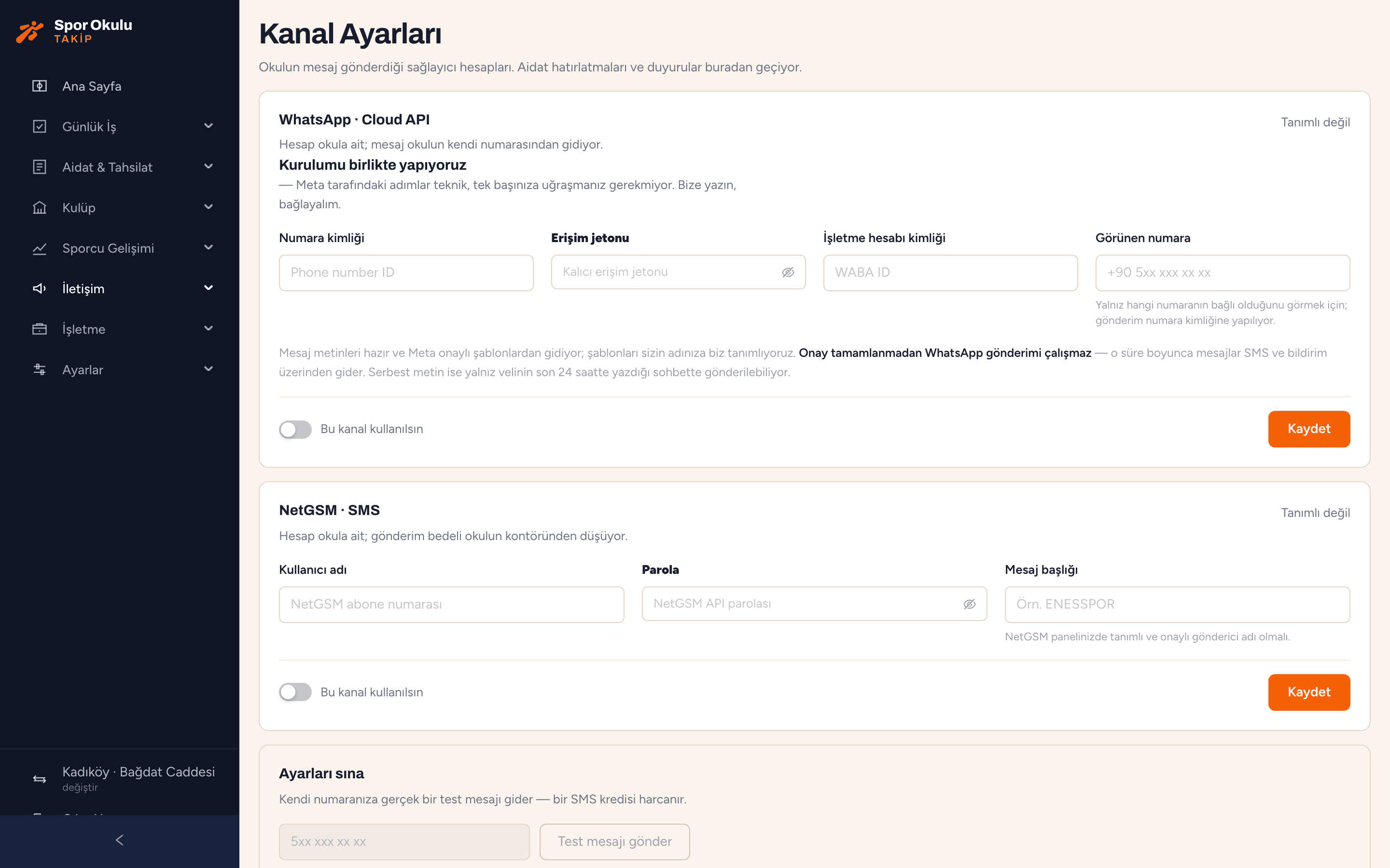 Mesaj kanalları ekranı: bildirim, SMS ve WhatsApp kanallarının durumu