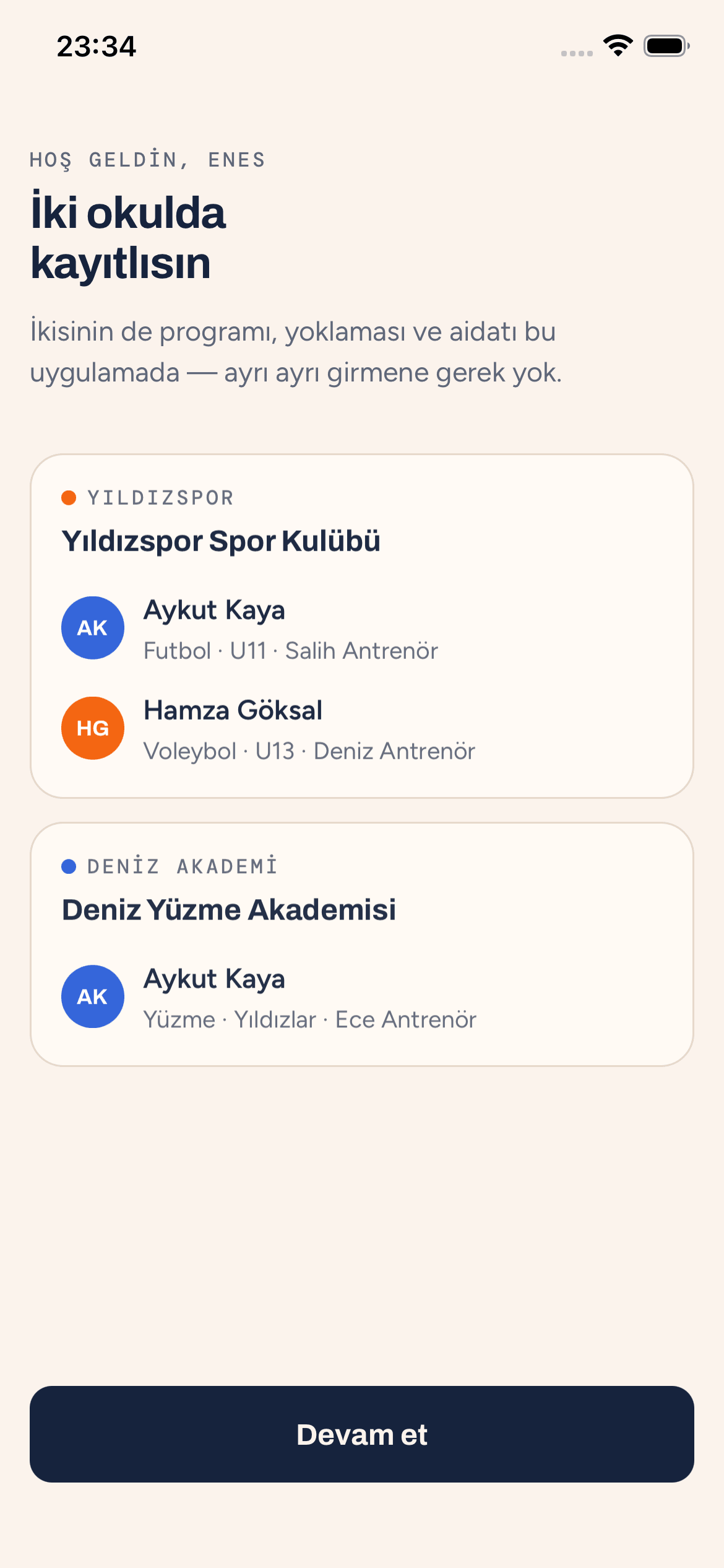 Okullarım ekranı: iki ayrı spor okulu ve her birinde kayıtlı sporcular